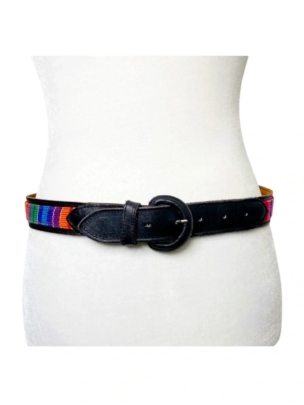 Multi-Color Rainbow Woven Waist Belt Faux Leather Buckle